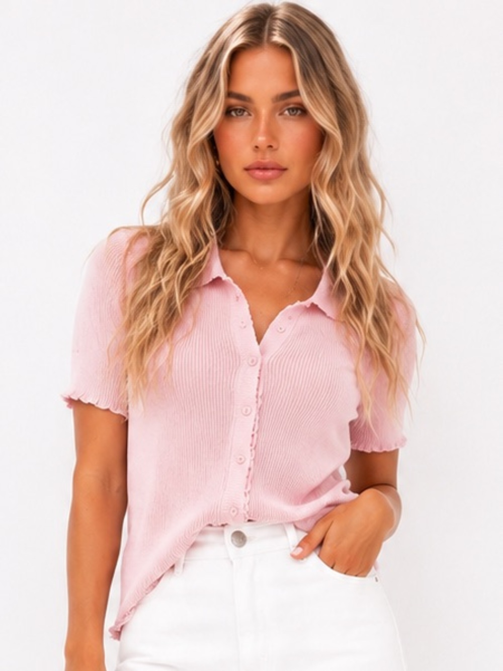 Barbie World Pink Knit Button-Up Top with Scalloped Collar Medium